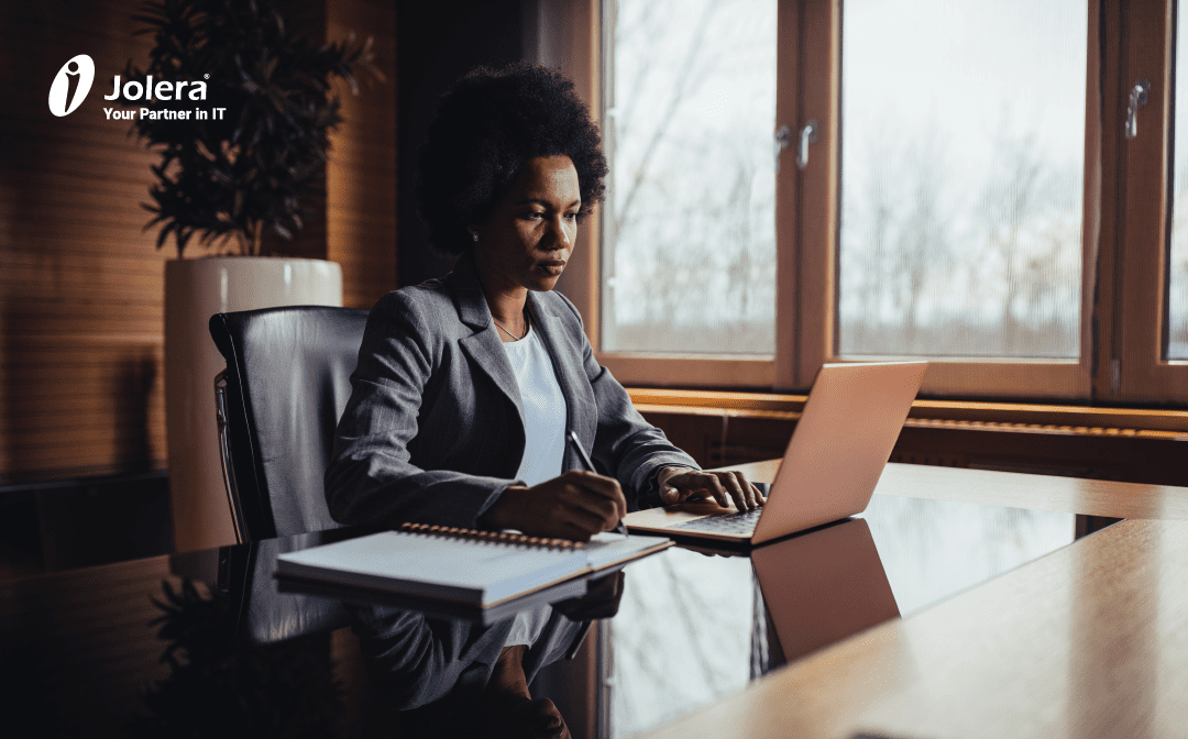 Woman working in hybrid workspace