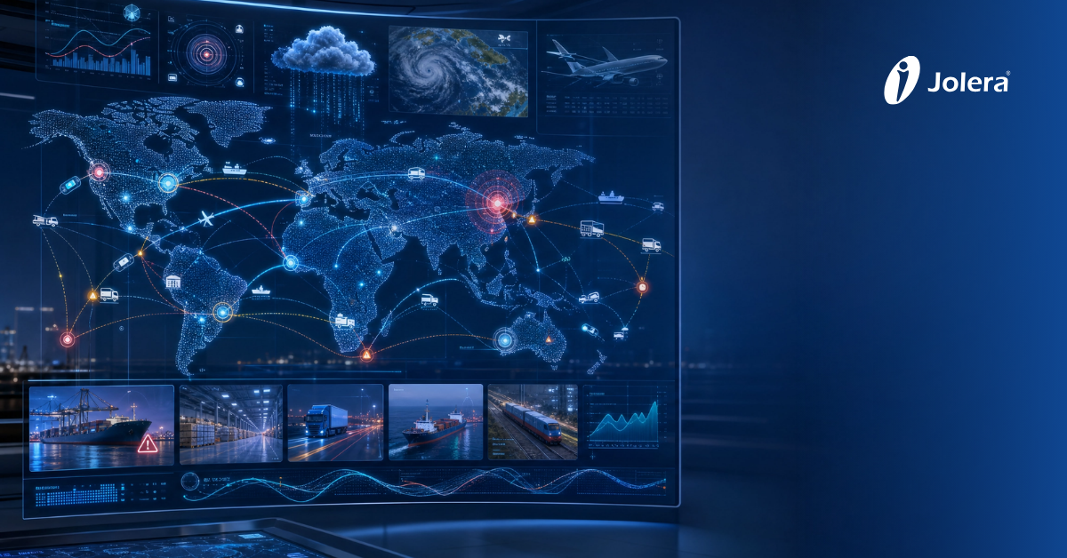 A glowing digital map illustrating global shipping routes optimized by artificial intelligence nodes and real-time data analytics.