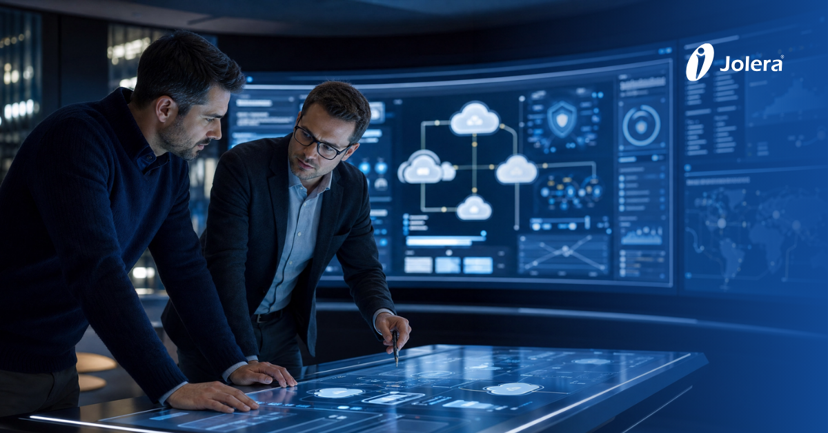 Two IT professionals collaborating on a server dashboard, representing the co-managed IT model.