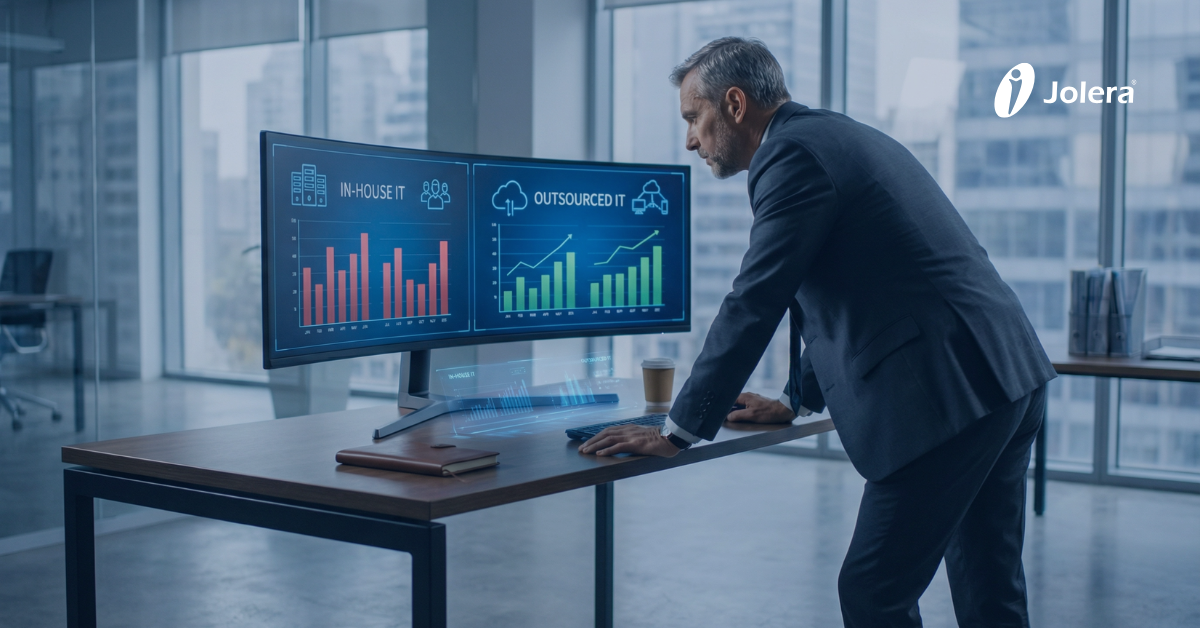 Business executive comparing IT costs on a dashboard illustrating the choice between in-house and outsourced IT