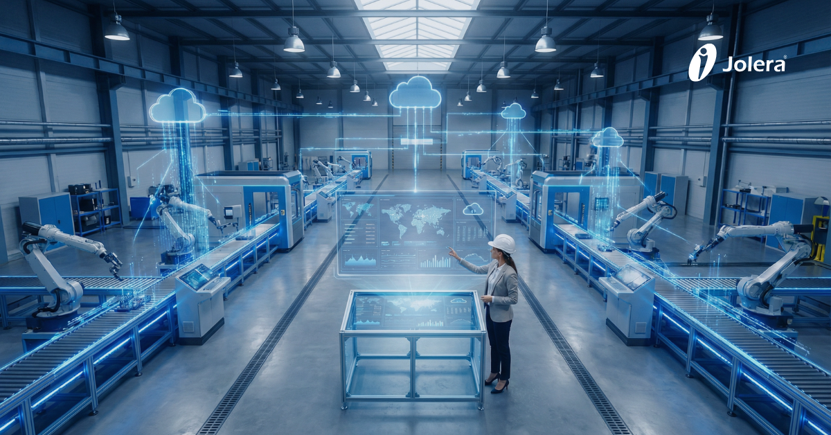 Factory floor manager reviewing data with cloud computing icons overlay illustrating cloud migration for manufacturing