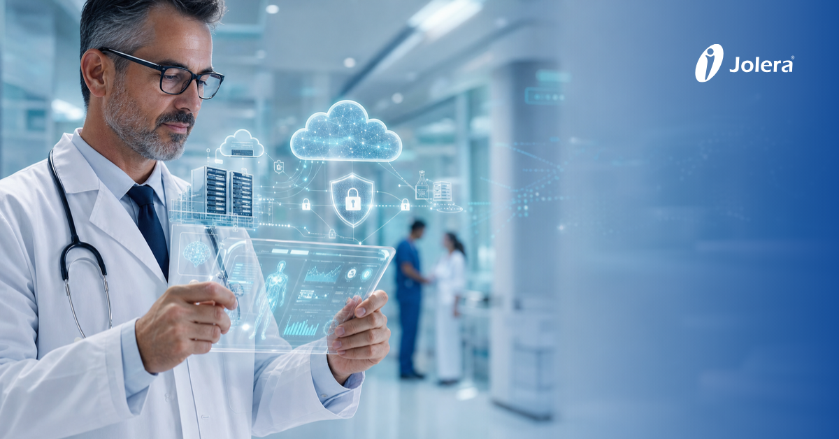 Medical professionals reviewing data on a tablet, with a secure hybrid cloud architecture diagram overlaid.